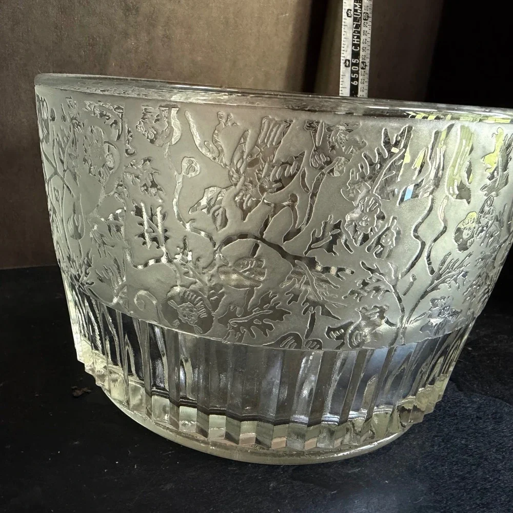 Antique Acid Etched Glass Bowl Birds Squirrels Woodland Nature Ribbed 8.5